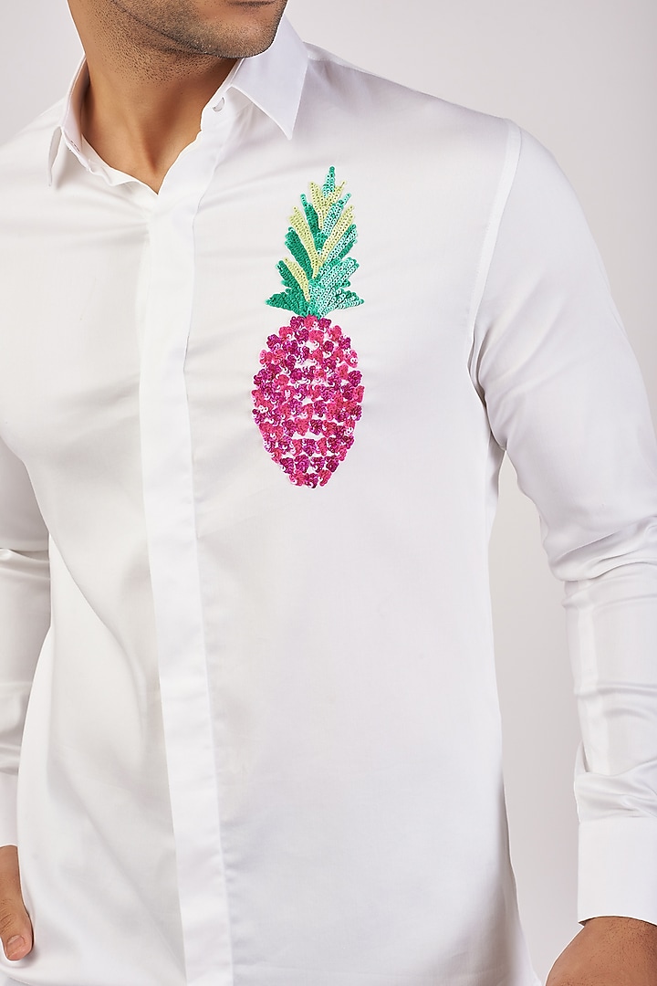 White Stretchable Cotton Hand Embroidered Party Wear Shirt by SANJANA REDDY MEN at Pernia's Pop Up Shop