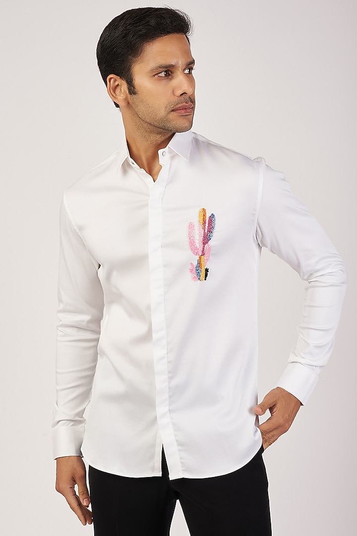 White Stretchable Cotton Hand Embroidered Party Wear Shirt by SANJANA REDDY MEN at Pernia's Pop Up Shop