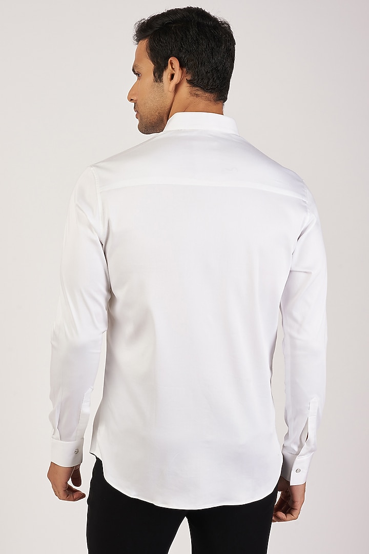 White Stretchable Cotton Hand Embroidered Party Wear Shirt by SANJANA REDDY MEN at Pernia's Pop Up Shop
