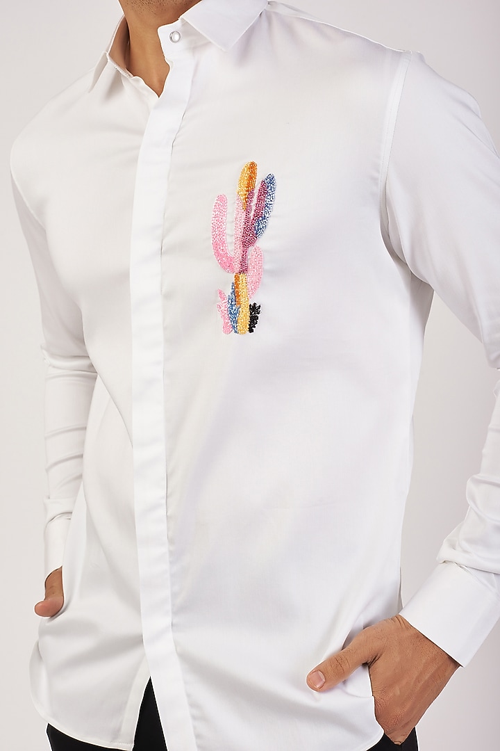 White Stretchable Cotton Hand Embroidered Party Wear Shirt by SANJANA REDDY MEN at Pernia's Pop Up Shop