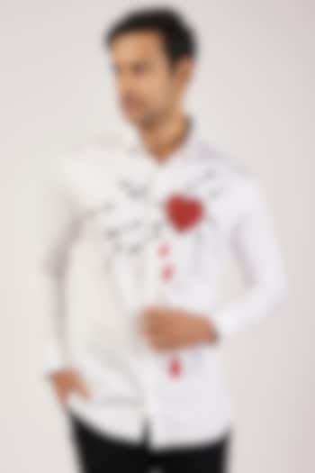 White Stretchable Cotton Hand Embroidered Party Wear Shirt by SANJANA REDDY MEN at Pernia's Pop Up Shop