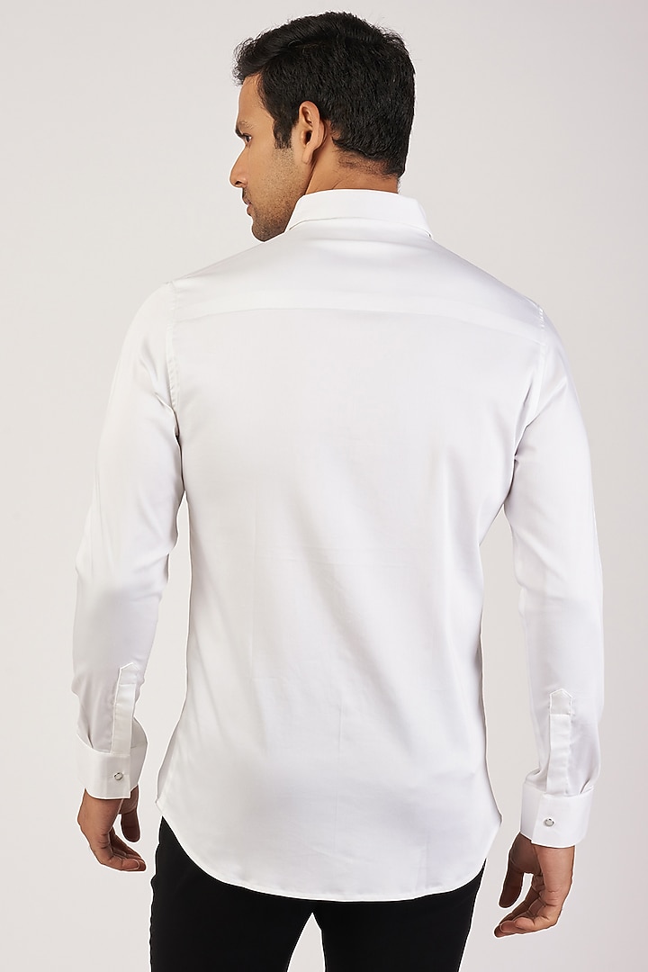 White Stretchable Cotton Hand Embroidered Party Wear Shirt by SANJANA REDDY MEN at Pernia's Pop Up Shop