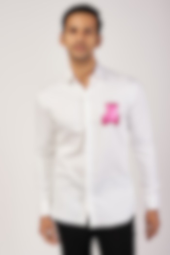 White Stretchable Cotton Hand Embroidered Shirt by SANJANA REDDY MEN
