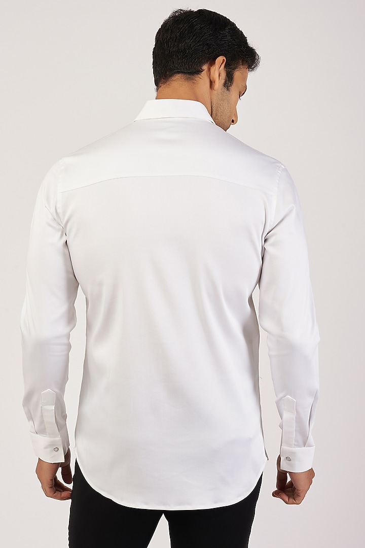 White Stretchable Cotton Hand Embroidered Party Wear Shirt by SANJANA REDDY MEN at Pernia's Pop Up Shop