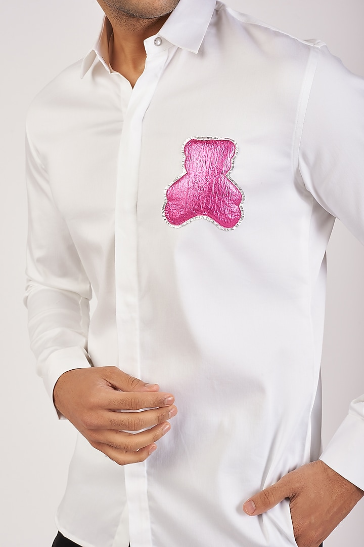 White Stretchable Cotton Hand Embroidered Party Wear Shirt by SANJANA REDDY MEN at Pernia's Pop Up Shop