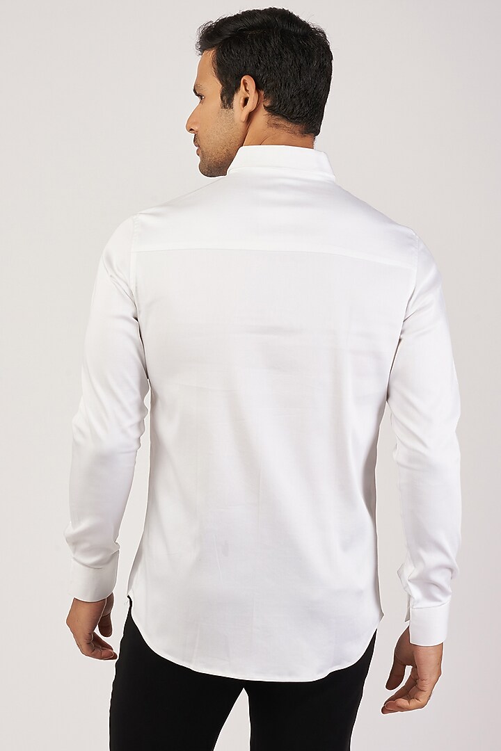 White Stretchable Cotton Hand Embroidered Party Wear Shirt by SANJANA REDDY MEN at Pernia's Pop Up Shop
