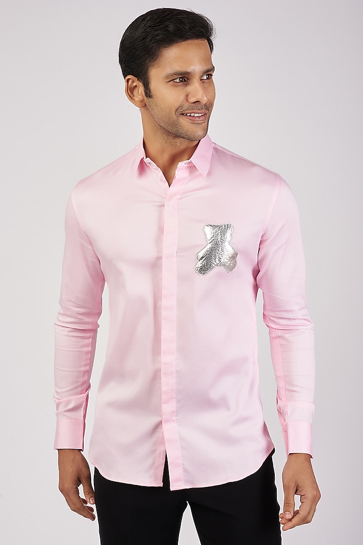 Pink Stretchable Cotton Hand Embroidered Shirt by SANJANA REDDY MEN