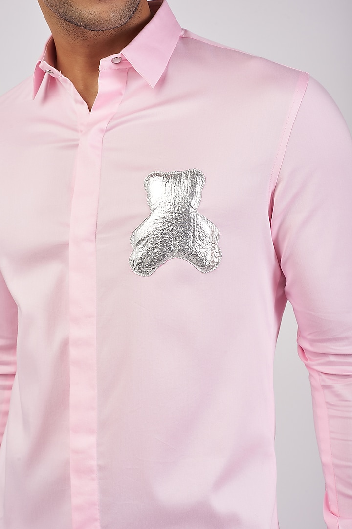 Pink Stretchable Cotton Hand Embroidered Party Wear Shirt by SANJANA REDDY MEN at Pernia's Pop Up Shop