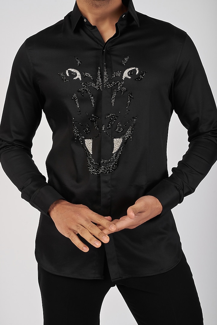 Black Stretchable Cotton Hand Embroidered Party Wear Shirt by SANJANA REDDY MEN at Pernia's Pop Up Shop