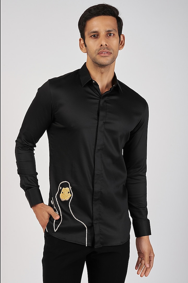 Black Stretchable Cotton Hand Embroidered Party Wear Shirt by SANJANA REDDY MEN at Pernia's Pop Up Shop