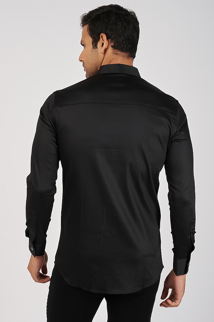 Black Stretchable Cotton Hand Embroidered Party Wear Shirt by SANJANA REDDY MEN at Pernia's Pop Up Shop