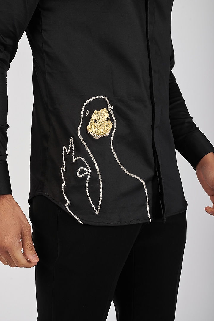 Black Stretchable Cotton Hand Embroidered Party Wear Shirt by SANJANA REDDY MEN at Pernia's Pop Up Shop
