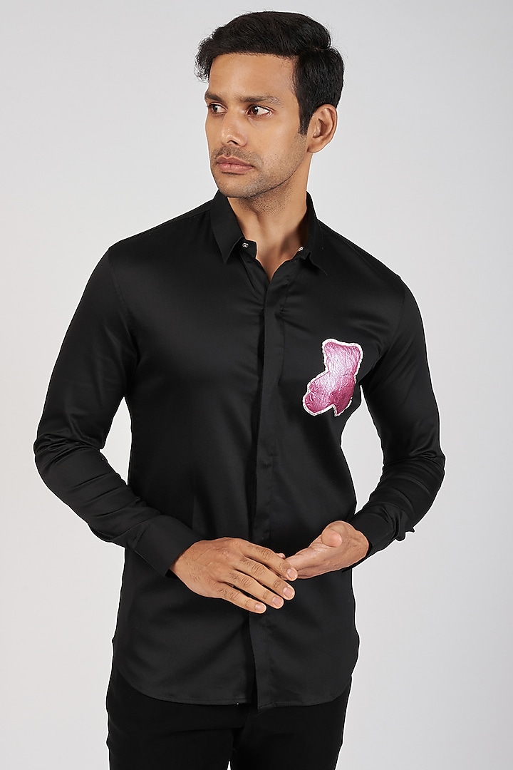 Black Stretchable Cotton Hand Embroidered Shirt by SANJANA REDDY MEN