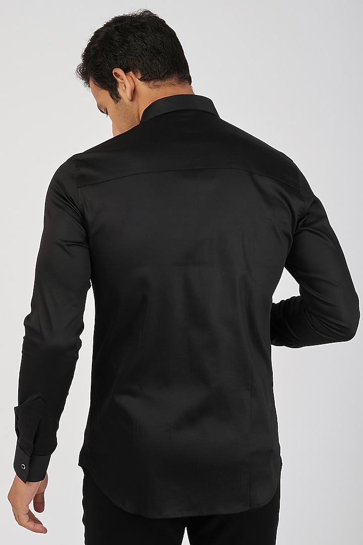 Black Stretchable Cotton Hand Embroidered Party Wear Shirt by SANJANA REDDY MEN at Pernia's Pop Up Shop