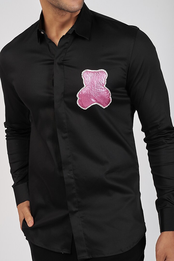 Black Stretchable Cotton Hand Embroidered Party Wear Shirt by SANJANA REDDY MEN at Pernia's Pop Up Shop