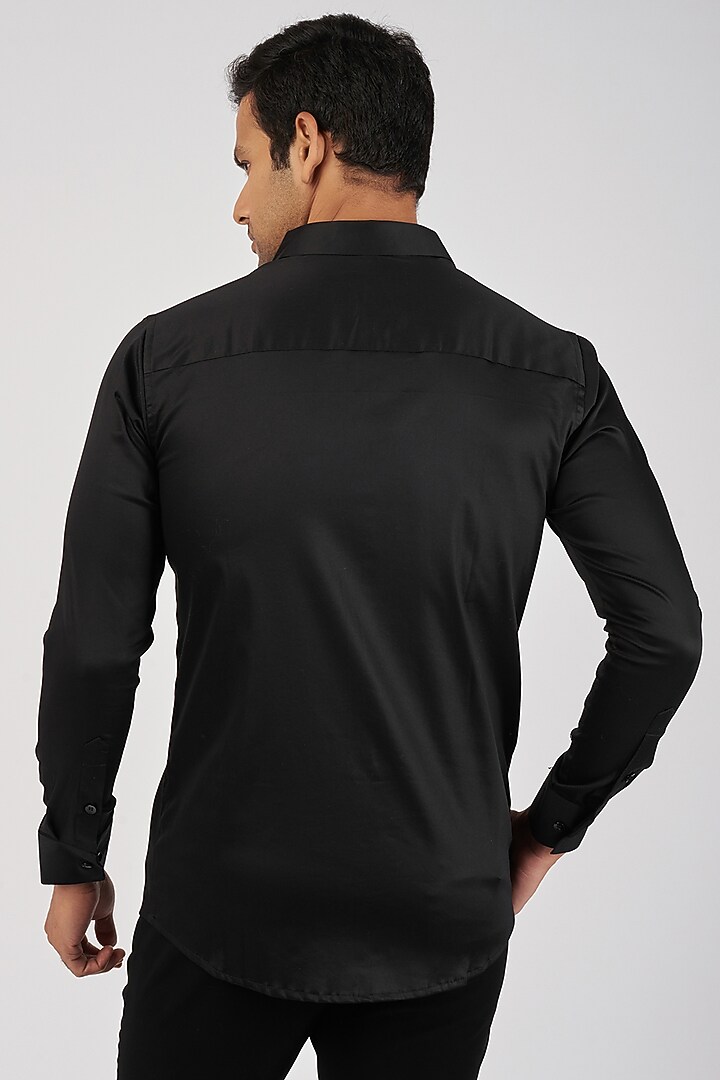 Black Stretchable Cotton Hand Embroidered Party Wear Shirt by SANJANA REDDY MEN at Pernia's Pop Up Shop