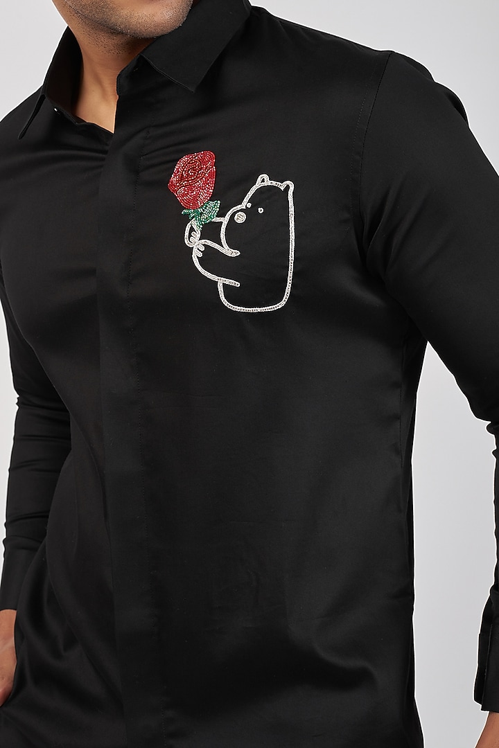 Black Stretchable Cotton Hand Embroidered Party Wear Shirt by SANJANA REDDY MEN at Pernia's Pop Up Shop