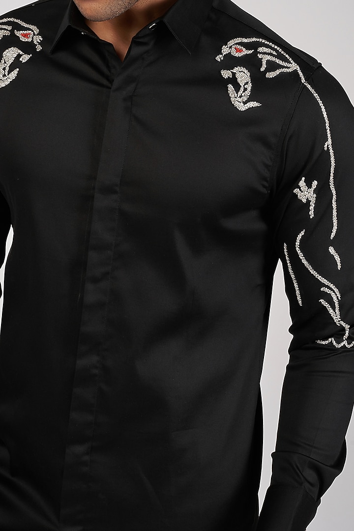 Black Stretchable Cotton Hand Embroidered Party Wear Shirt by SANJANA REDDY MEN at Pernia's Pop Up Shop