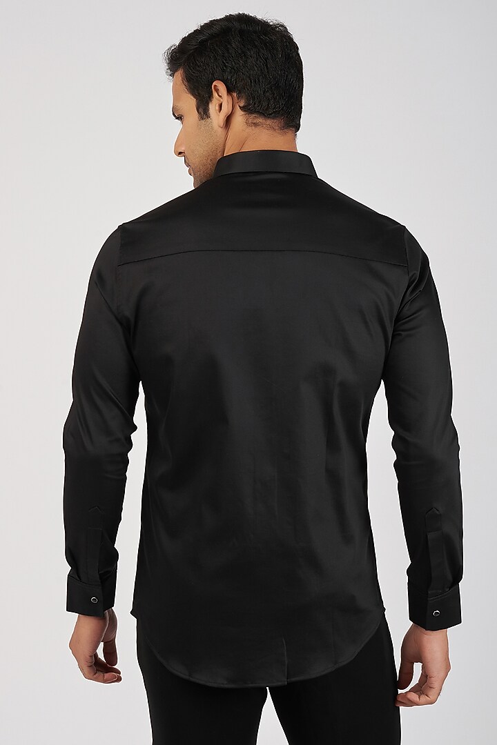 Black Stretchable Cotton Hand Embroidered Party Wear Shirt by SANJANA REDDY MEN at Pernia's Pop Up Shop