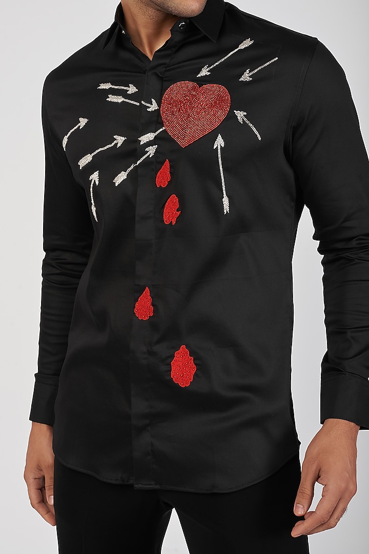 Black Stretchable Cotton Hand Embroidered Party Wear Shirt by SANJANA REDDY MEN at Pernia's Pop Up Shop