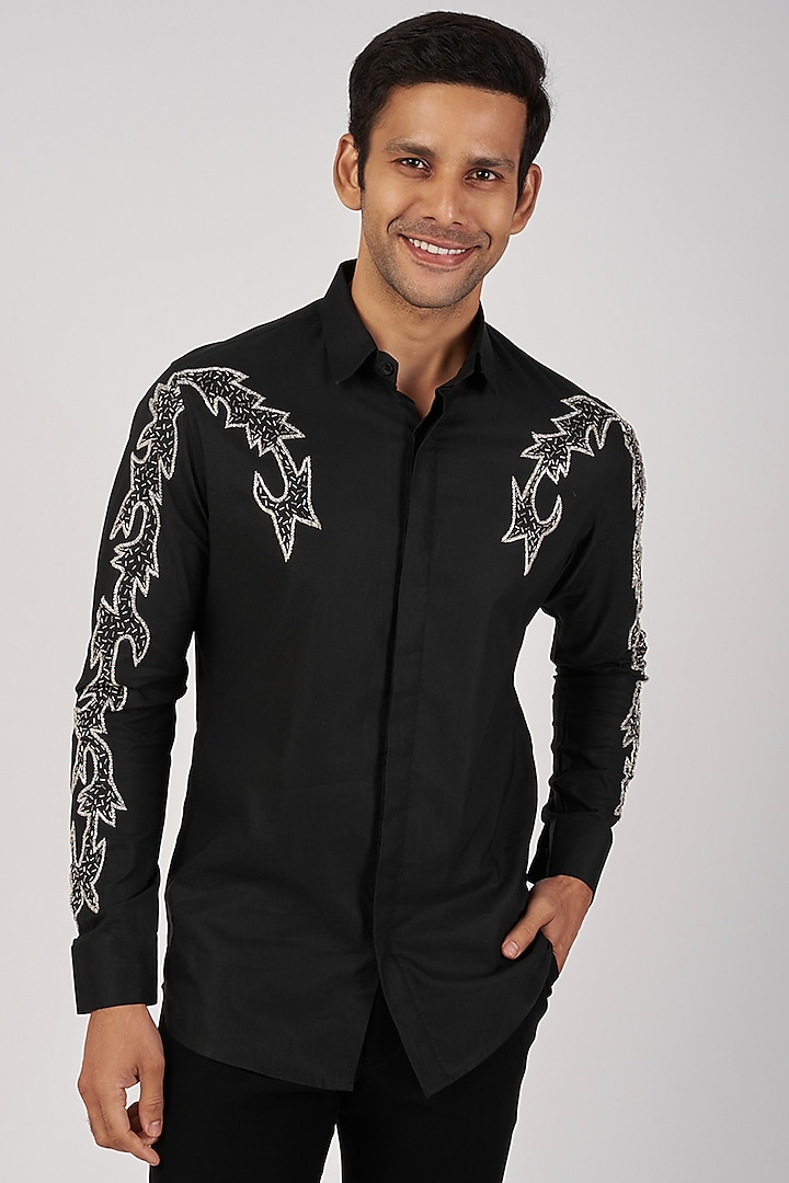 Black Stretchable Cotton Hand Embroidered Shirt by SANJANA REDDY MEN