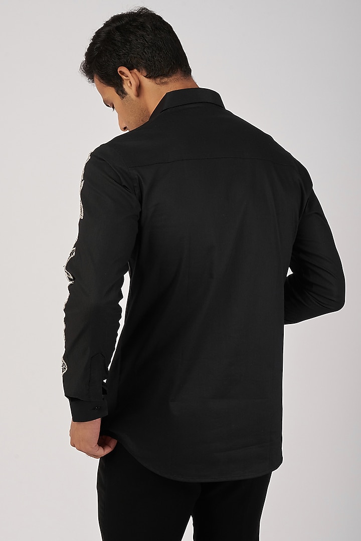 Black Stretchable Cotton Hand Embroidered Party Wear Shirt by SANJANA REDDY MEN at Pernia's Pop Up Shop