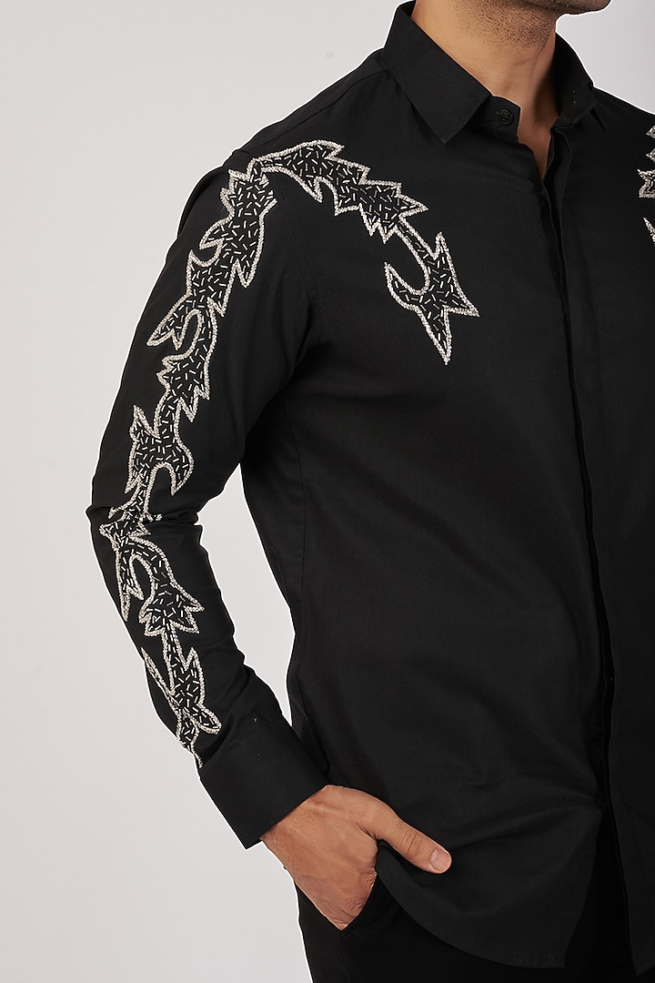 Black Stretchable Cotton Hand Embroidered Party Wear Shirt by SANJANA REDDY MEN at Pernia's Pop Up Shop
