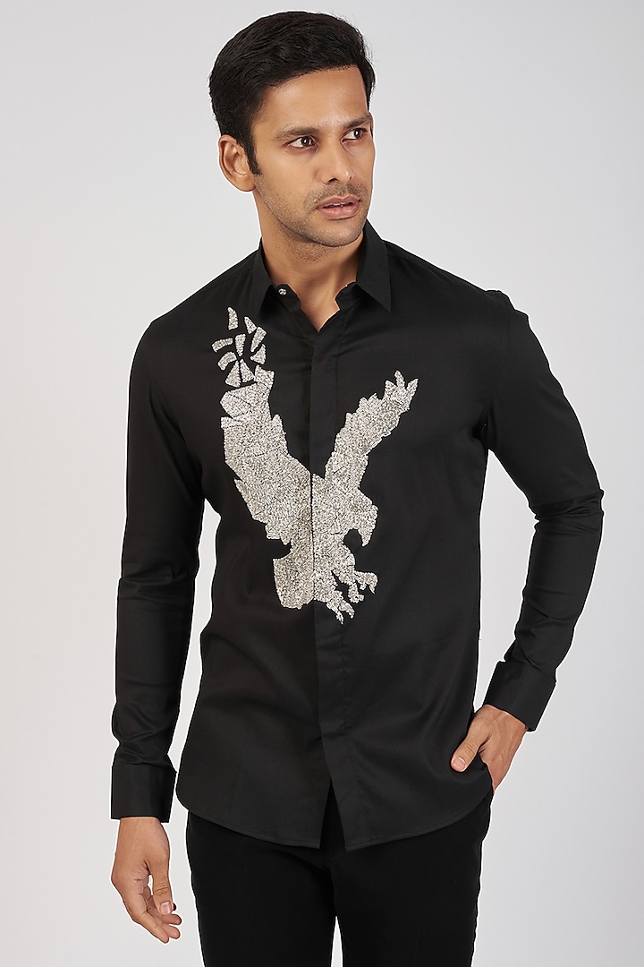 Black Stretchable Cotton Hand Embroidered Shirt by SANJANA REDDY MEN