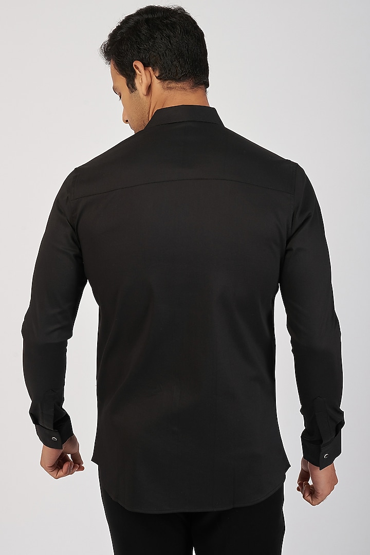 Black Stretchable Cotton Hand Embroidered Party Wear Shirt by SANJANA REDDY MEN at Pernia's Pop Up Shop