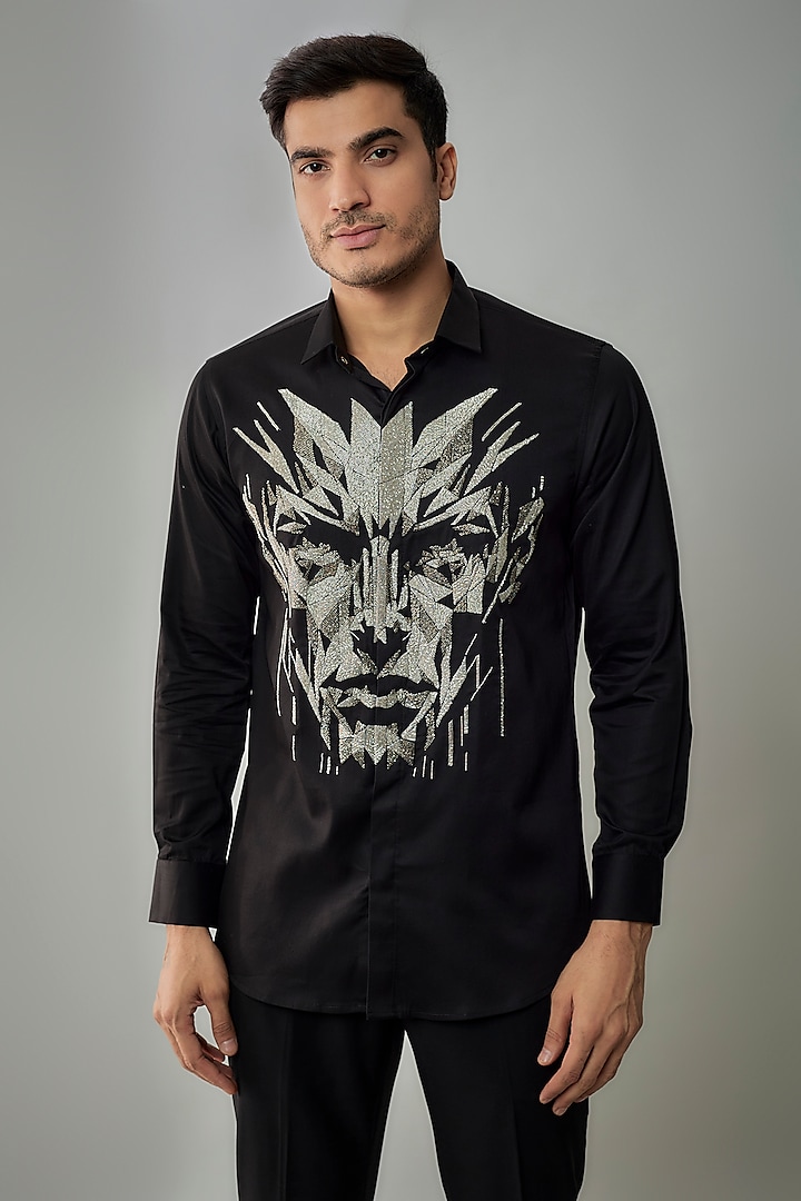 Black Stretchable Cotton Hand Embroidered Shirt by SANJANA REDDY MEN