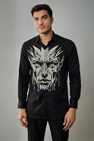 Black Stretchable Cotton Hand Embroidered Shirt by SANJANA REDDY MEN