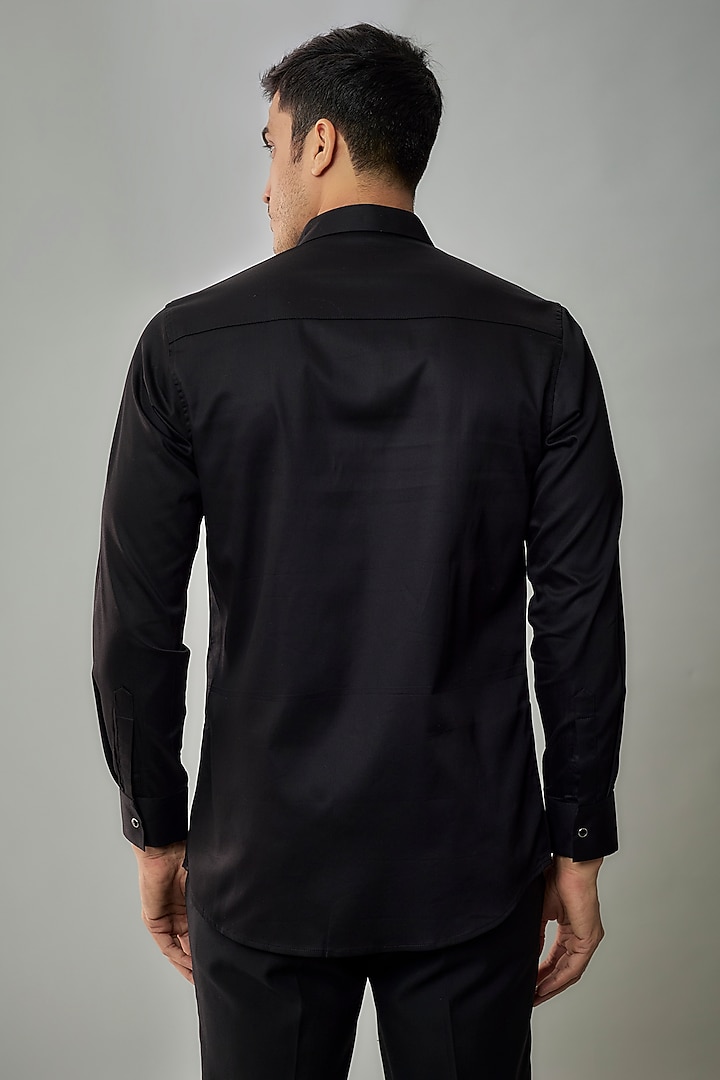 Black Stretchable Cotton Hand Embroidered Wedding Shirt by SANJANA REDDY MEN at Pernia's Pop Up Shop