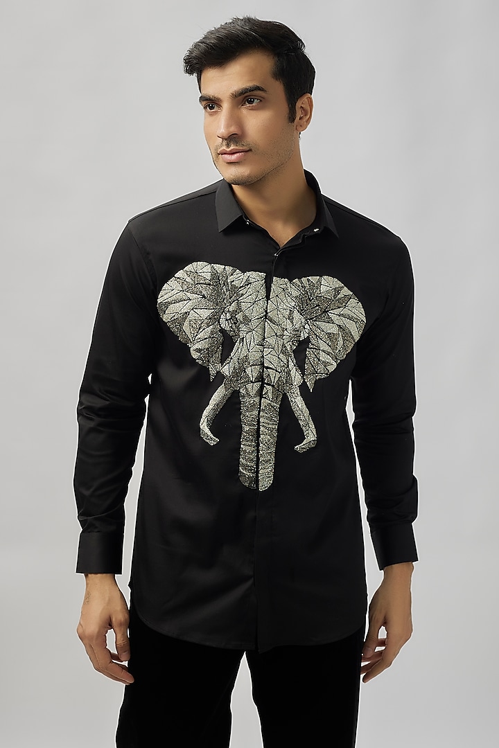 Black Stretchable Cotton Hand Embroidered Shirt by SANJANA REDDY MEN