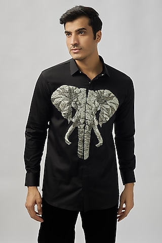 Black Stretchable Cotton Hand Embroidered Shirt by SANJANA REDDY MEN