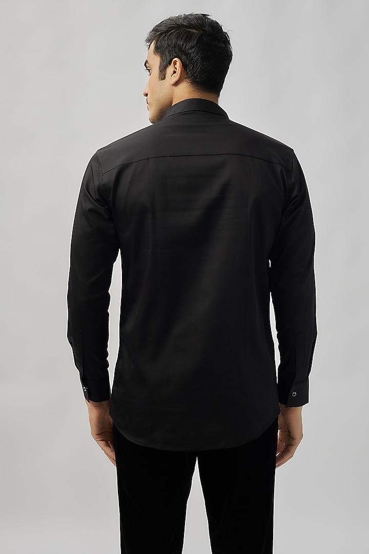 Black Stretchable Cotton Hand Embroidered Wedding Shirt by SANJANA REDDY MEN at Pernia's Pop Up Shop