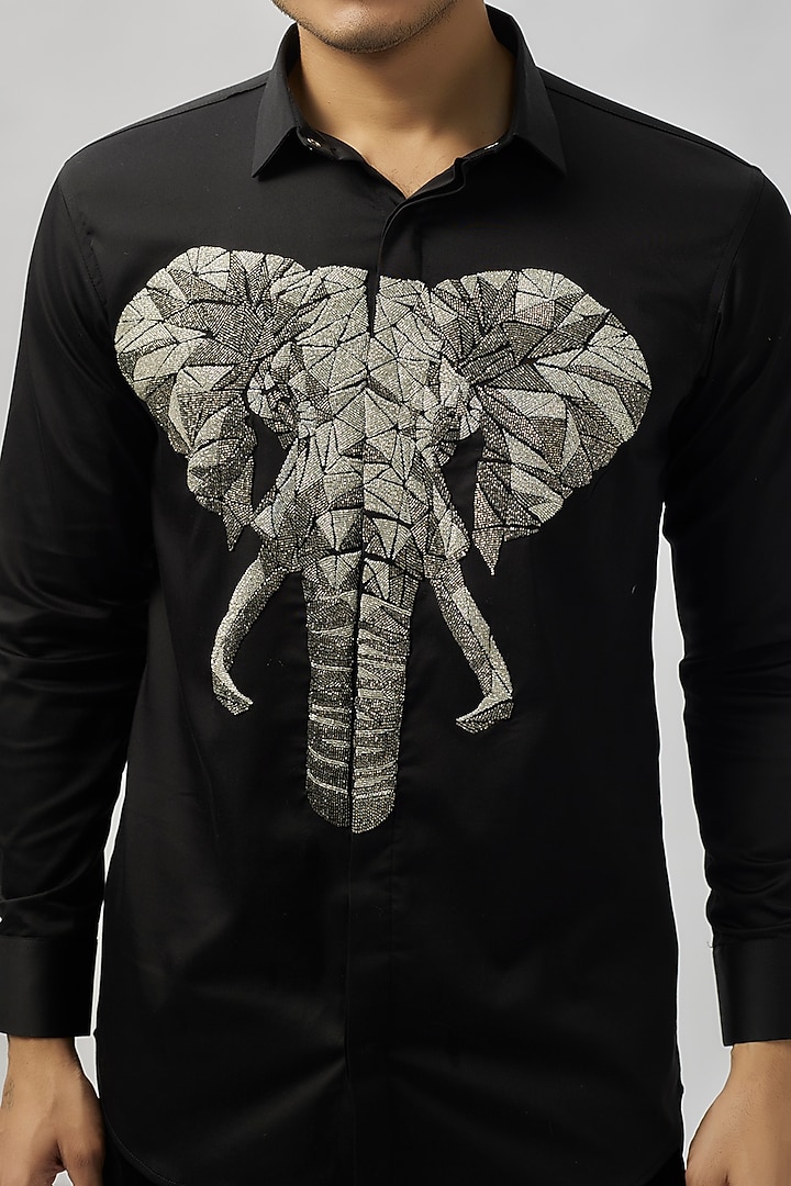 Black Stretchable Cotton Hand Embroidered Wedding Shirt by SANJANA REDDY MEN at Pernia's Pop Up Shop