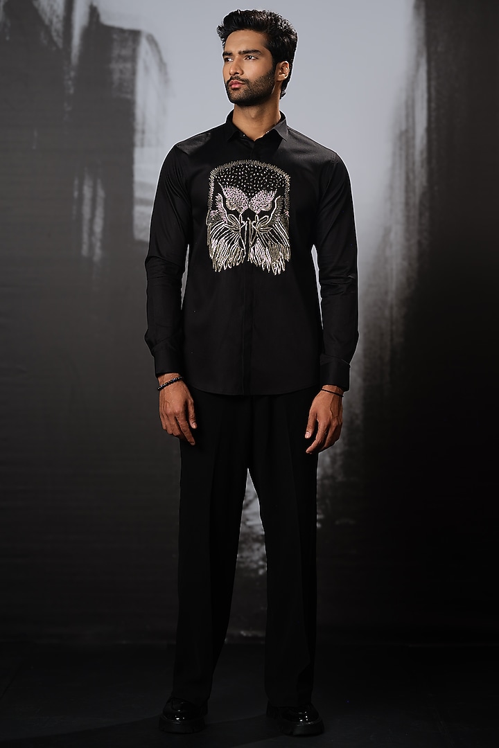 Black Stretchable Cotton Hand Embroidered Party Wear Shirt by SANJANA REDDY MEN at Pernia's Pop Up Shop