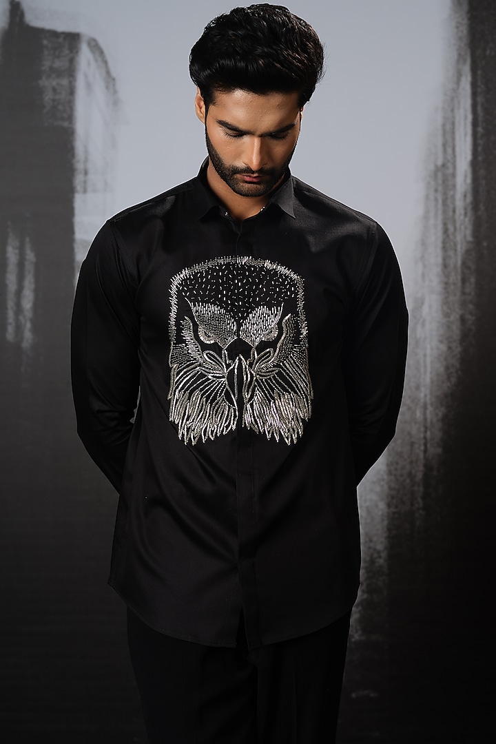 Black Stretchable Cotton Hand Embroidered Shirt by SANJANA REDDY MEN