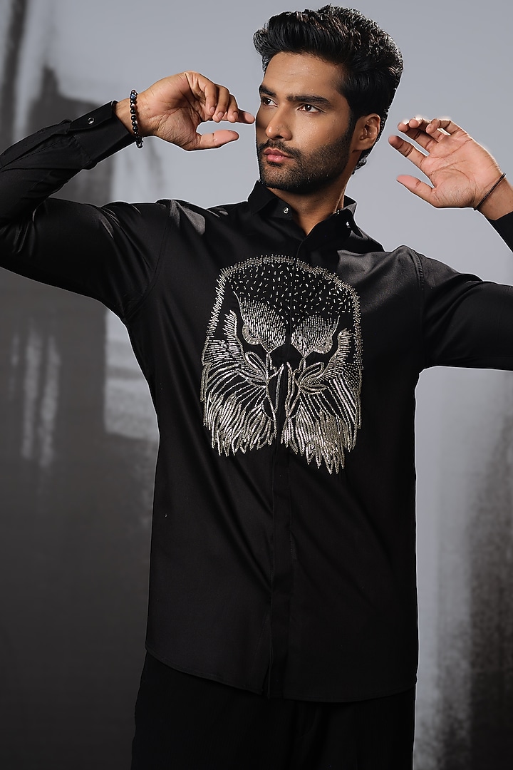 Black Stretchable Cotton Hand Embroidered Party Wear Shirt by SANJANA REDDY MEN at Pernia's Pop Up Shop