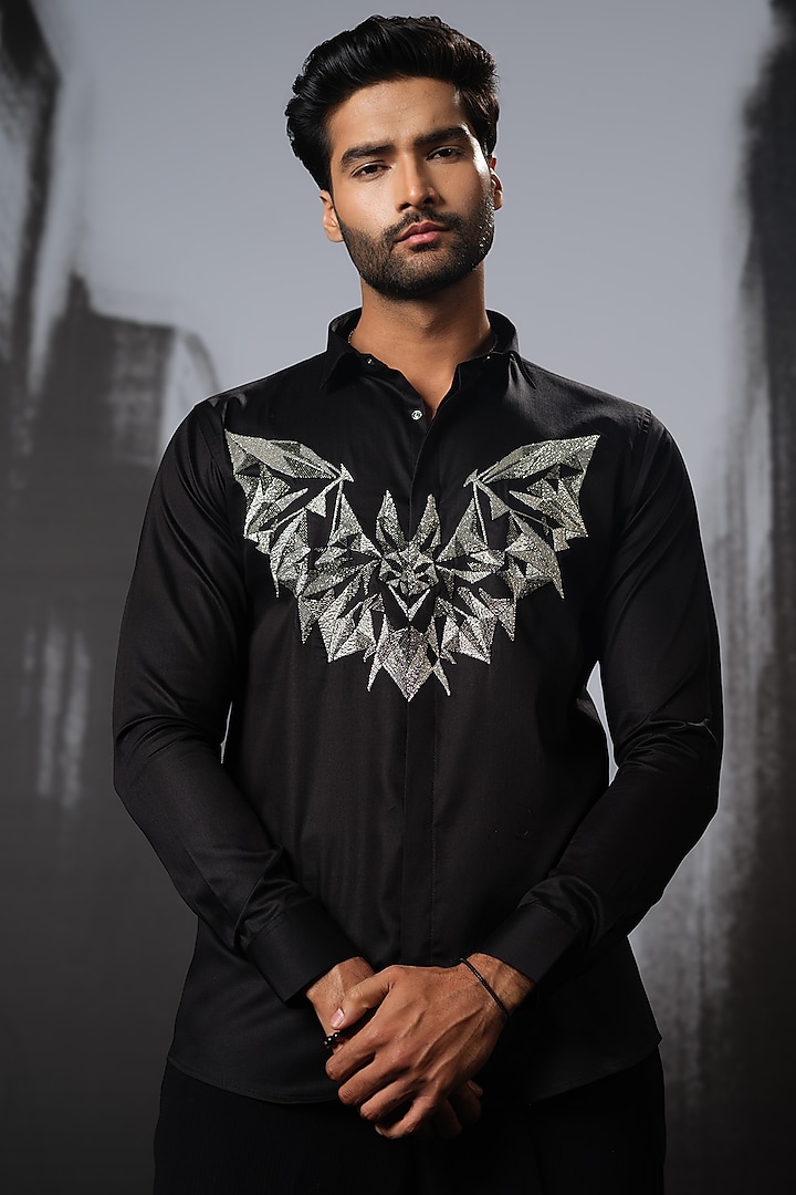 Black Stretchable Cotton Hand Embroidered Shirt by SANJANA REDDY MEN