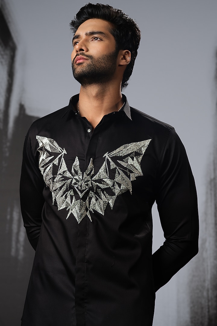 Black Stretchable Cotton Hand Embroidered Party Wear Shirt by SANJANA REDDY MEN at Pernia's Pop Up Shop