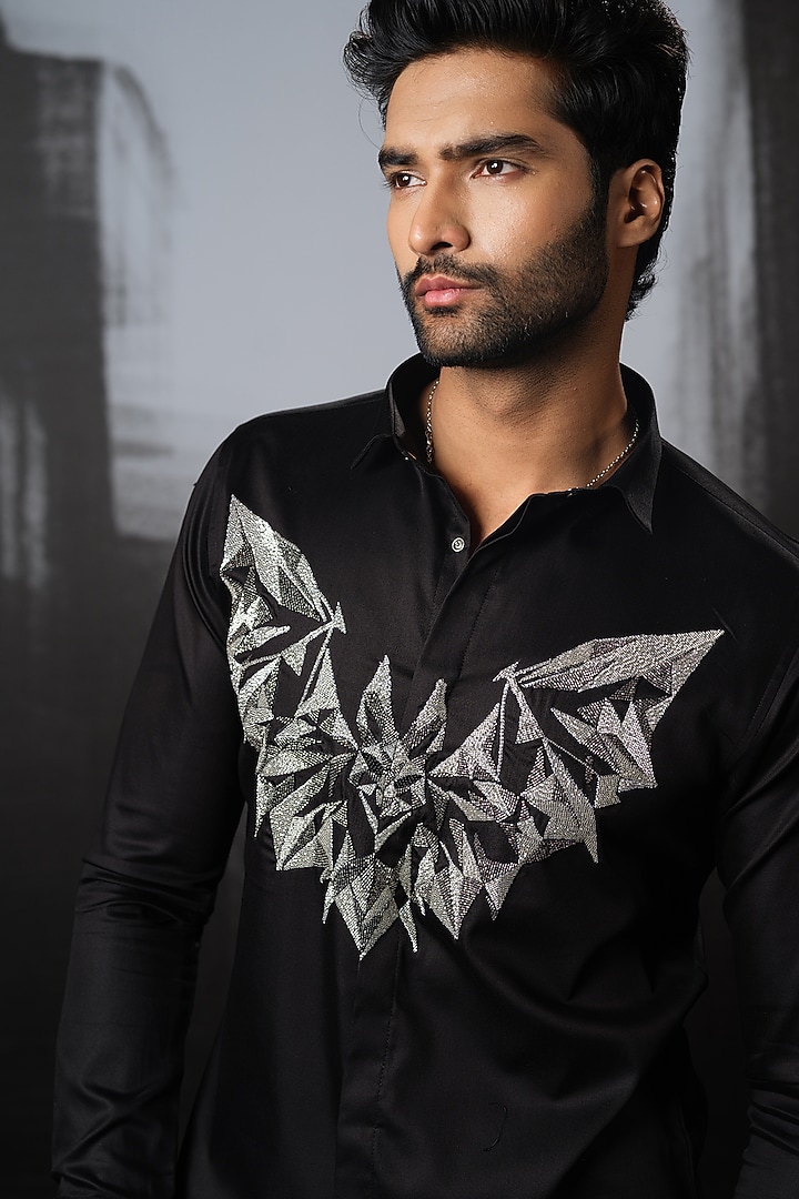 Black Stretchable Cotton Hand Embroidered Party Wear Shirt by SANJANA REDDY MEN at Pernia's Pop Up Shop