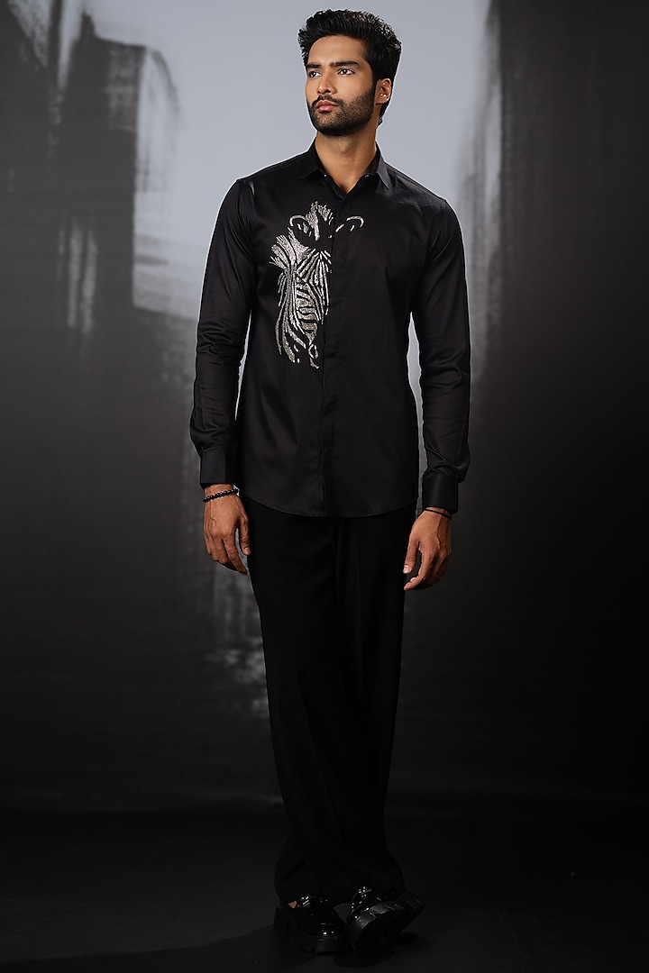 Black Stretchable Cotton Hand Embroidered Party Wear Shirt by SANJANA REDDY MEN at Pernia's Pop Up Shop