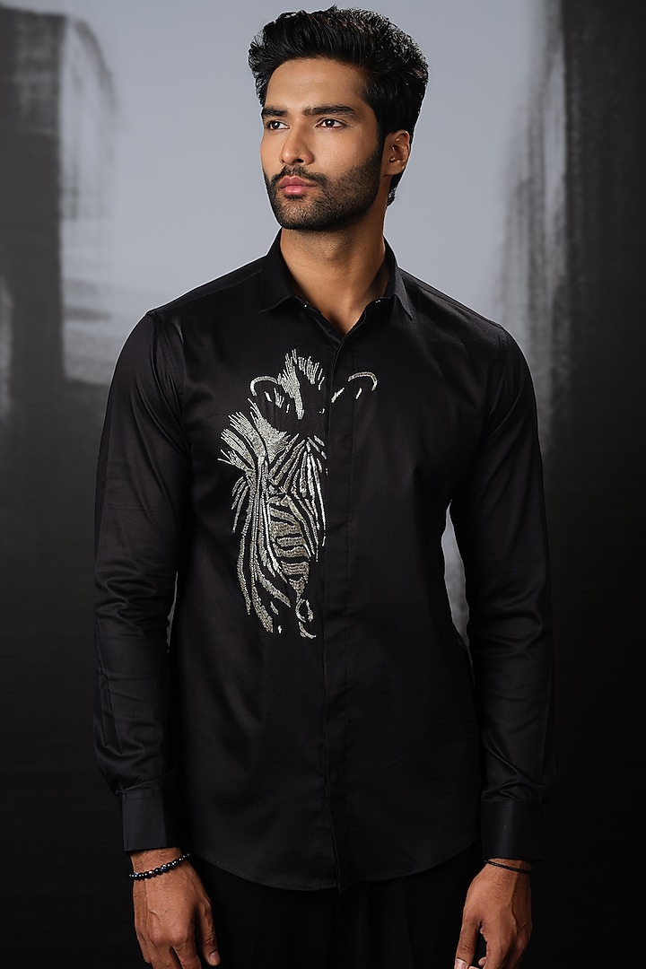 Black Stretchable Cotton Hand Embroidered Shirt by SANJANA REDDY MEN