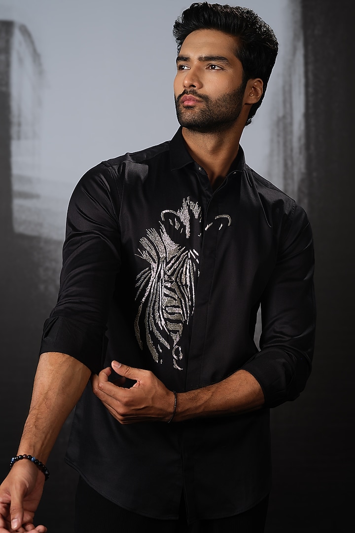 Black Stretchable Cotton Hand Embroidered Party Wear Shirt by SANJANA REDDY MEN at Pernia's Pop Up Shop