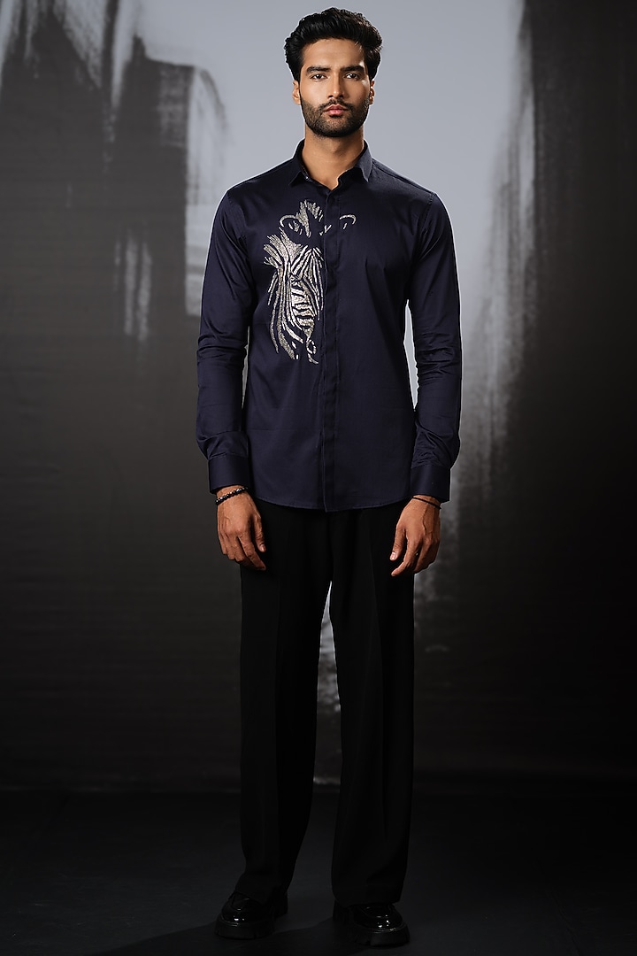 Navy Blue Stretchable Cotton Hand Embroidered Party Wear Shirt by SANJANA REDDY MEN at Pernia's Pop Up Shop