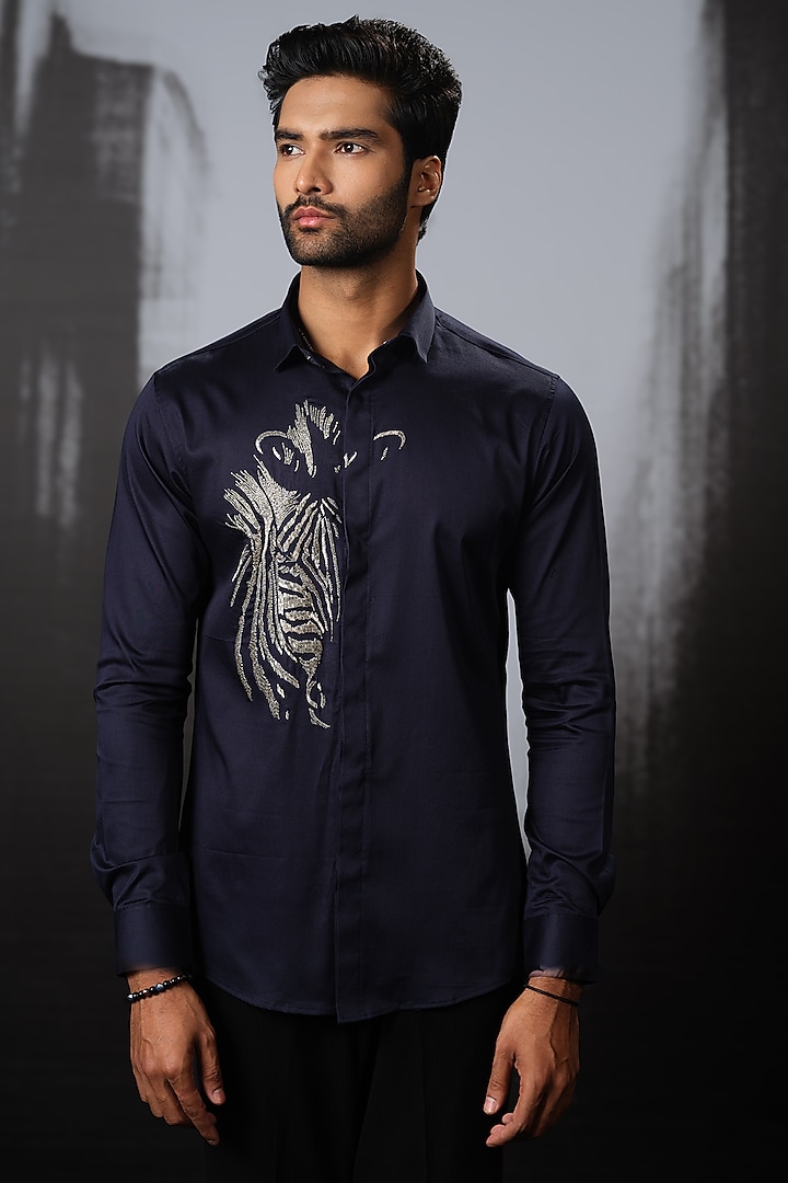 Navy Blue Stretchable Cotton Hand Embroidered Shirt by SANJANA REDDY MEN