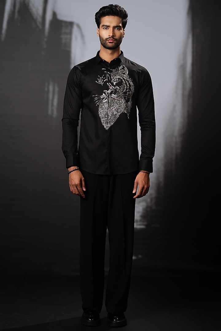 Black Stretchable Cotton Hand Embroidered Party Wear Shirt by SANJANA REDDY MEN at Pernia's Pop Up Shop