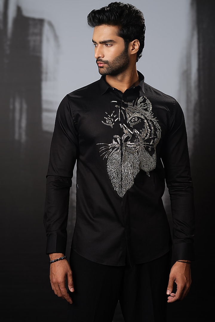 Black Stretchable Cotton Hand Embroidered Shirt by SANJANA REDDY MEN