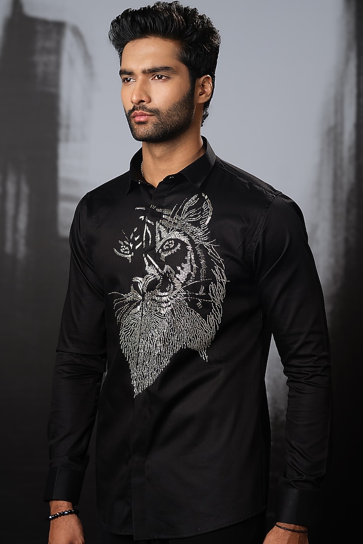 Black Stretchable Cotton Hand Embroidered Party Wear Shirt by SANJANA REDDY MEN at Pernia's Pop Up Shop